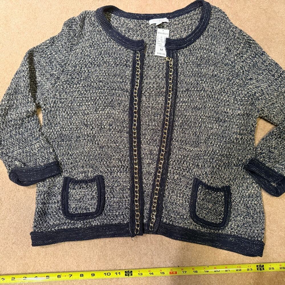 Roz & Ali Tweed Chain Trim Cardigan Jacket Blue White Womens Medium NWT